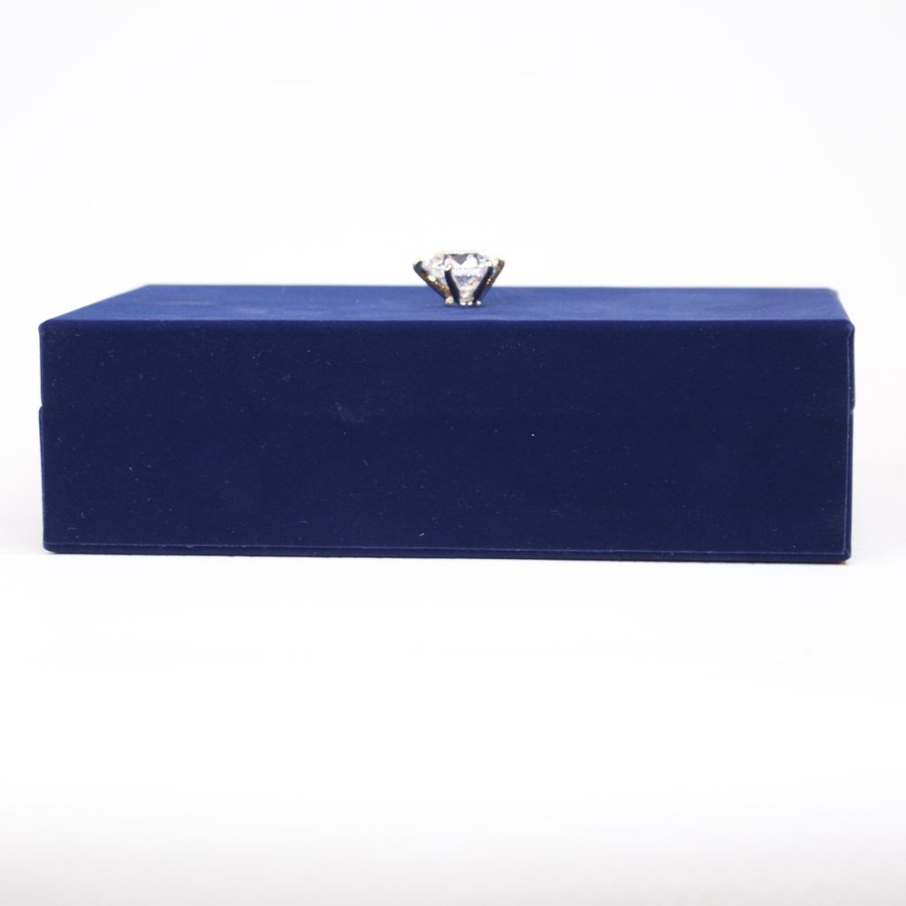 Navy Blue Velveteen Trinket Box Lined Hinged Lid Ring Holder Faux Diamond Handle - Picture 3 of 6